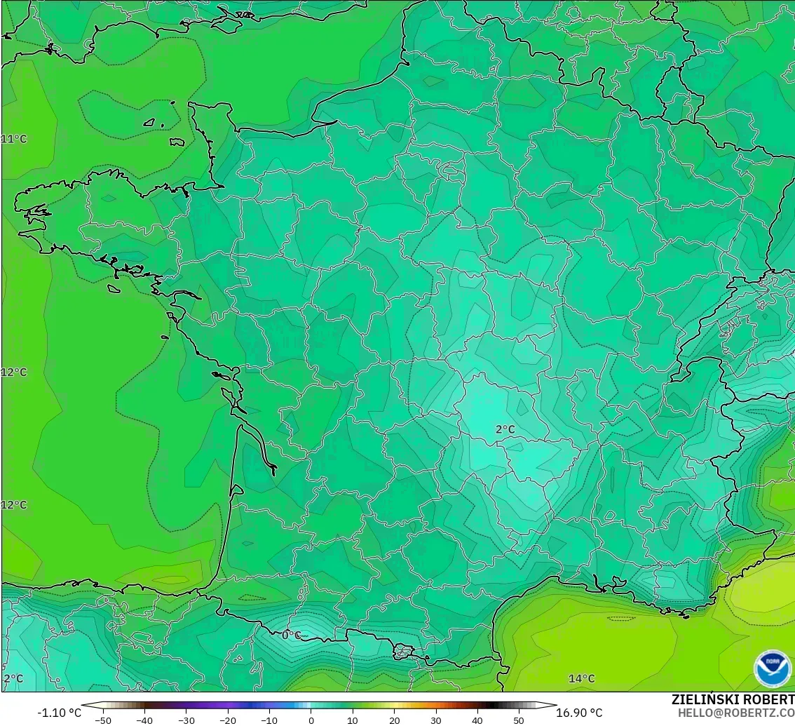 GFS modelo - Francia, Punto de rocío a 2 m