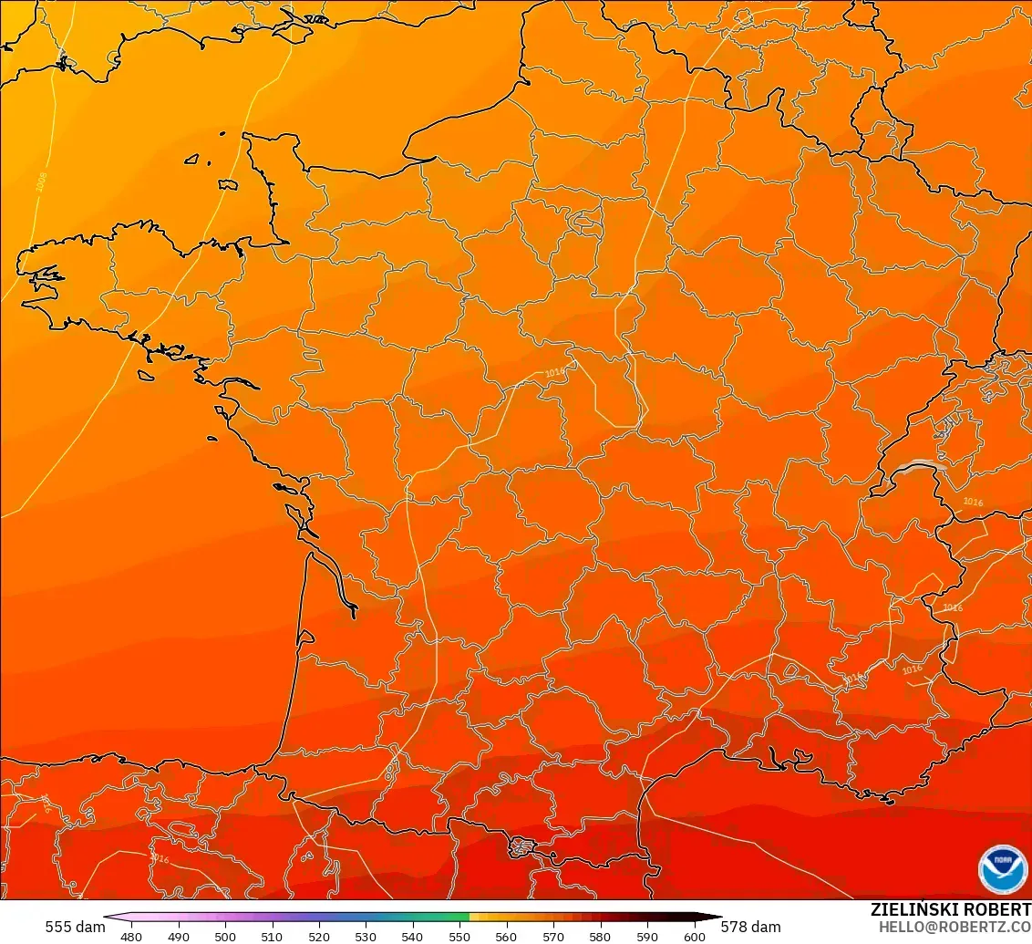 GFS modelo - Francia, Altura geopotencial a 500 hPa