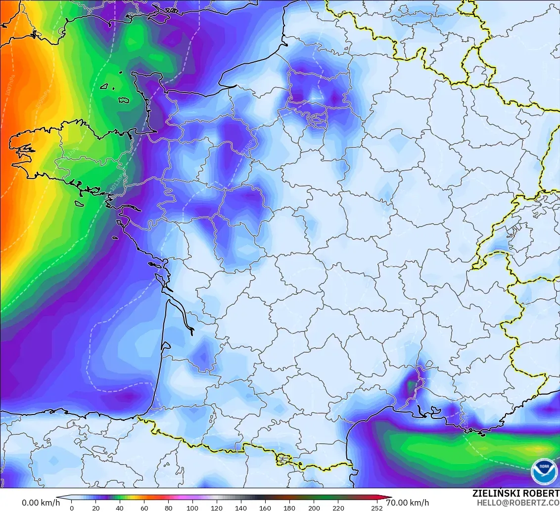 GFS modelo - Francia, Ráfagas de Viento Máximas