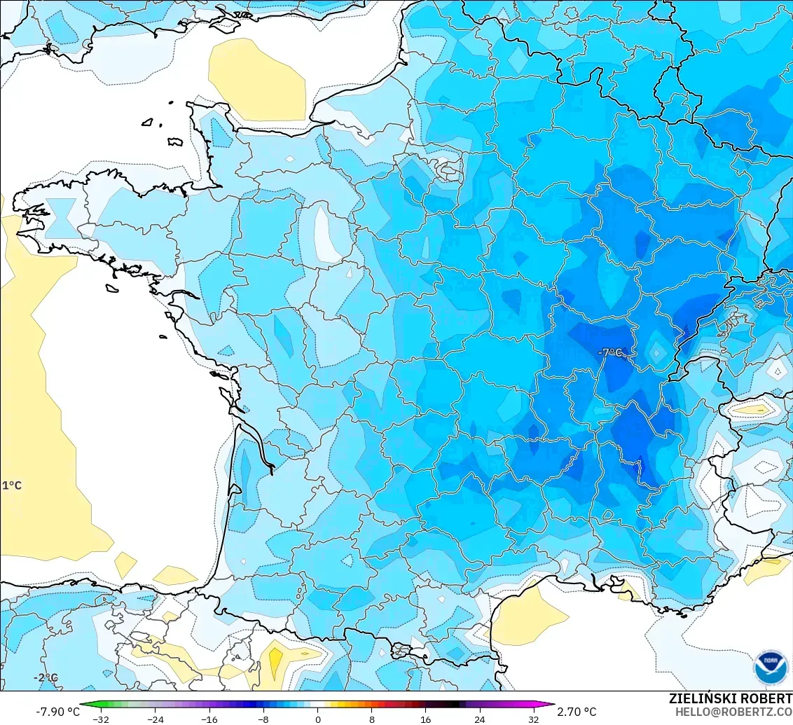 GFS modelo - Francia, Anomalía de temperatura a 2 m