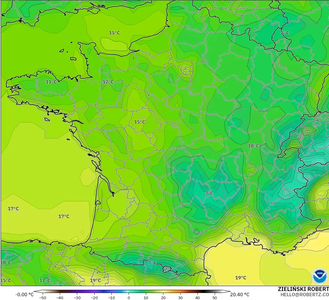 GFS modelo - Francia, Temperatura a 2 m