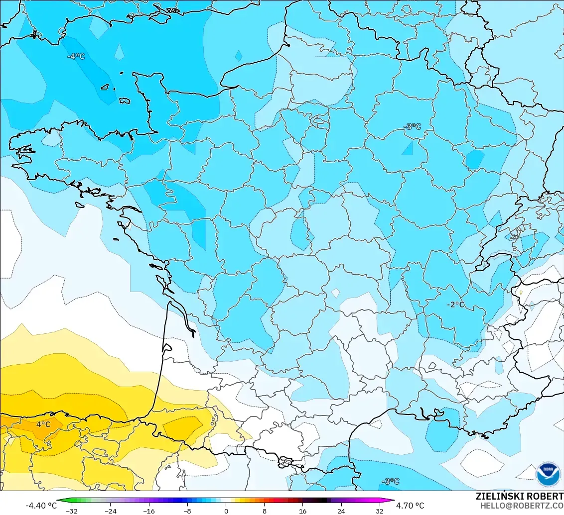 GFS modelo - Francia, Anomalía de temperatura a 850 hPa