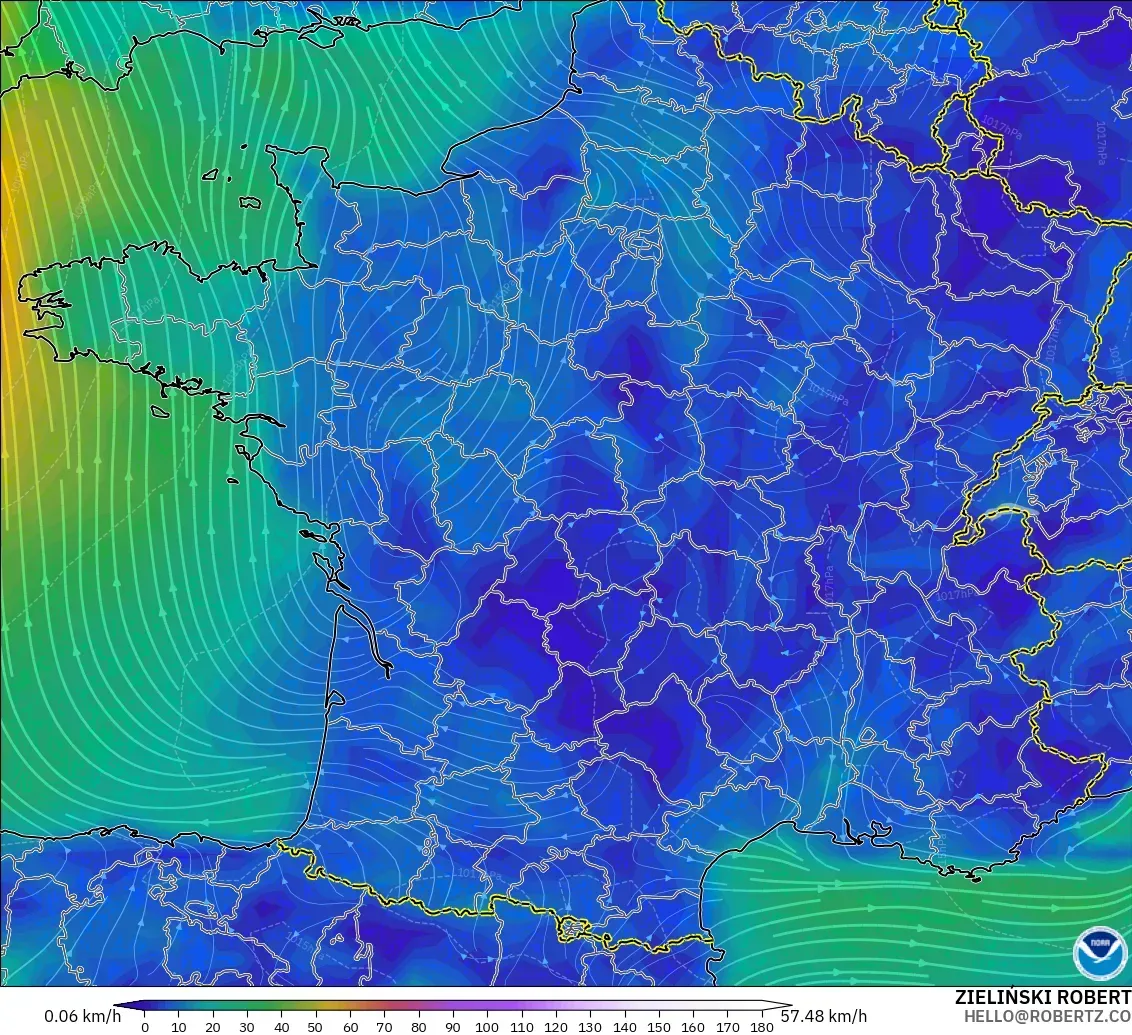 GFS modelo - Francia, Viento a 10 m