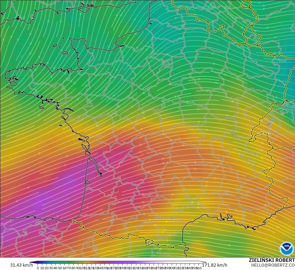 GFS modelo - Francia, Viento a 300 hPa (corriente en chorro)