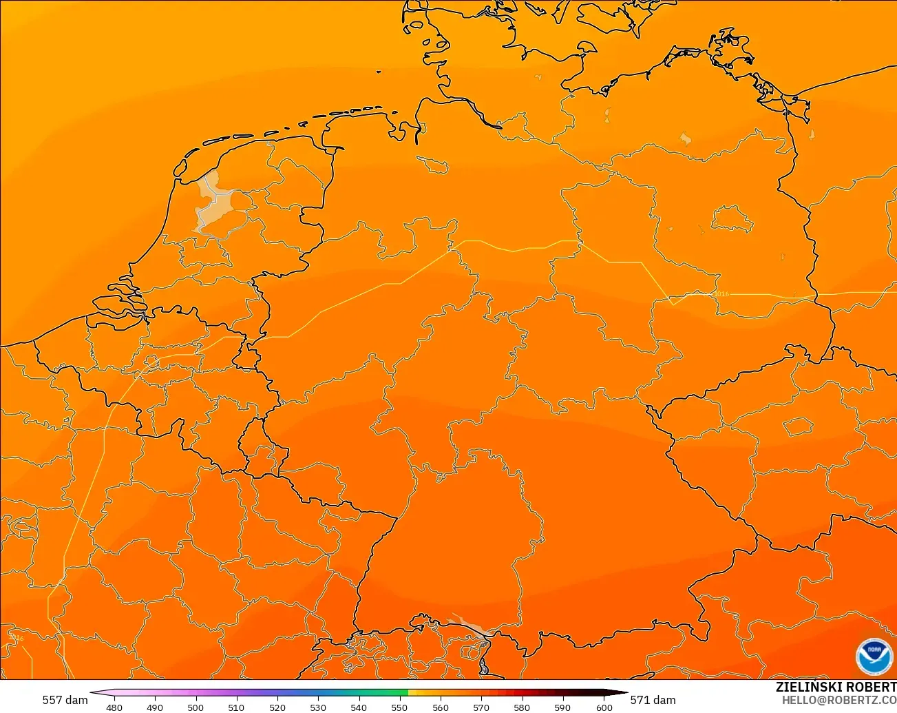 GFS modelo - Alemania, Altura geopotencial a 500 hPa