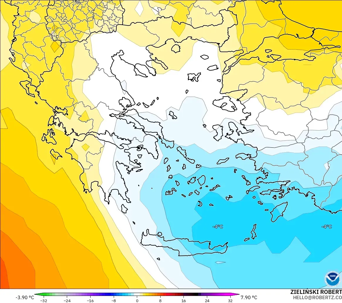 GFS modelo - Grecia, Anomalía de temperatura a 850 hPa