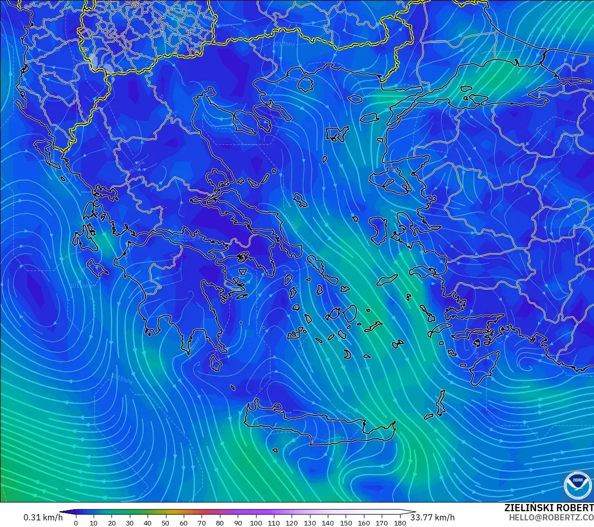 GFS modelo - Grecia, Viento a 10 m