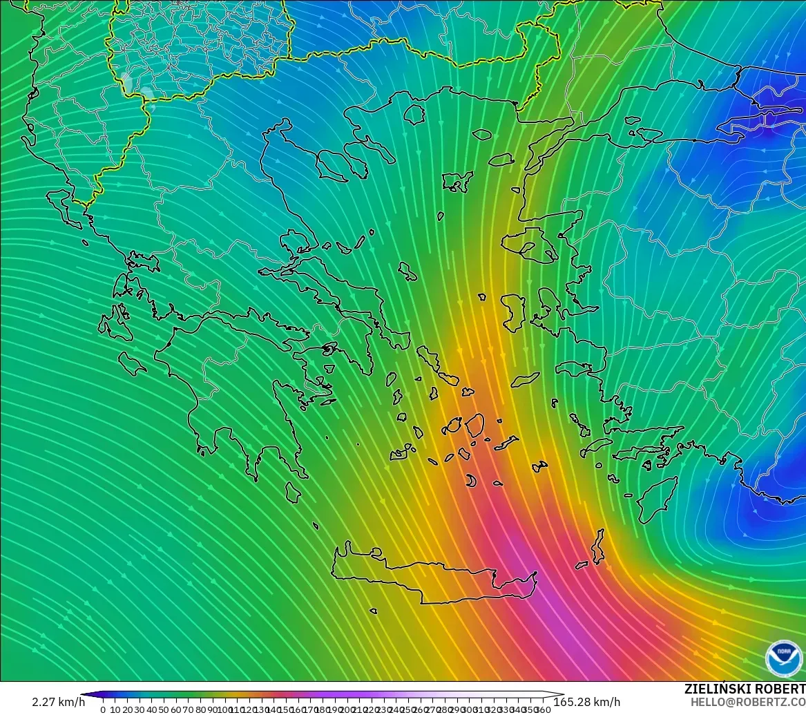 GFS modelo - Grecia, Viento a 300 hPa (corriente en chorro)