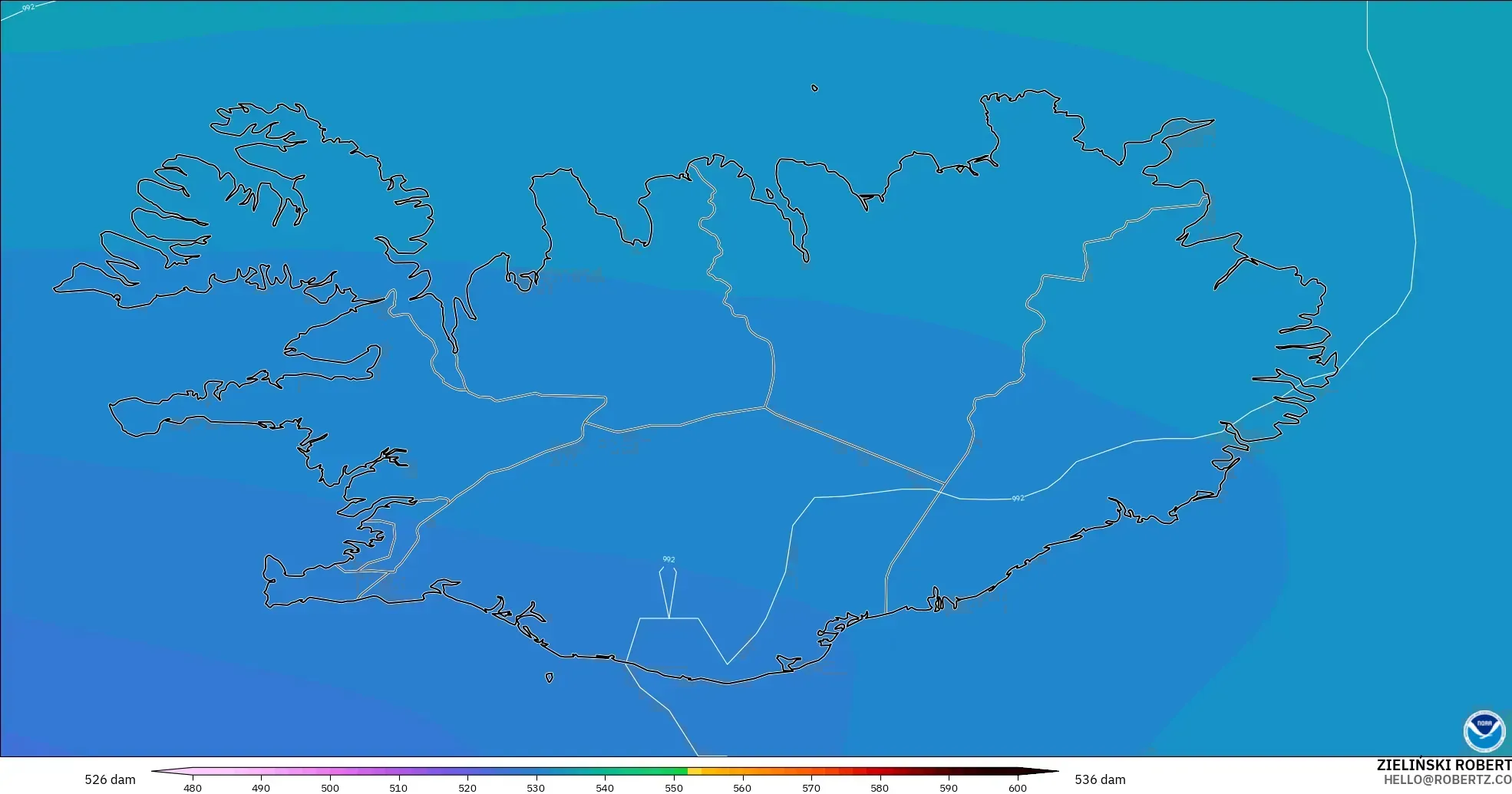 GFS modelo - Islandia, Altura geopotencial a 500 hPa
