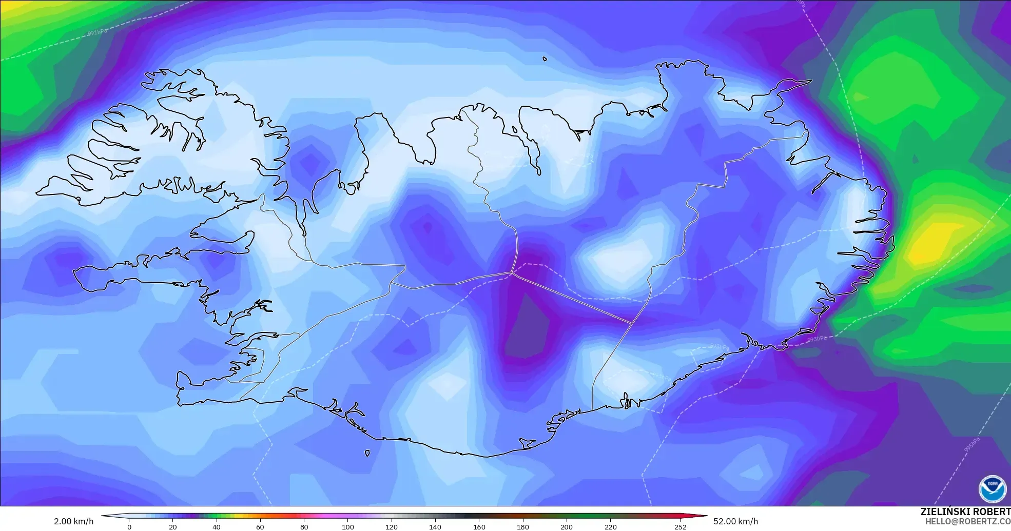 GFS modelo - Islandia, Ráfagas de viento