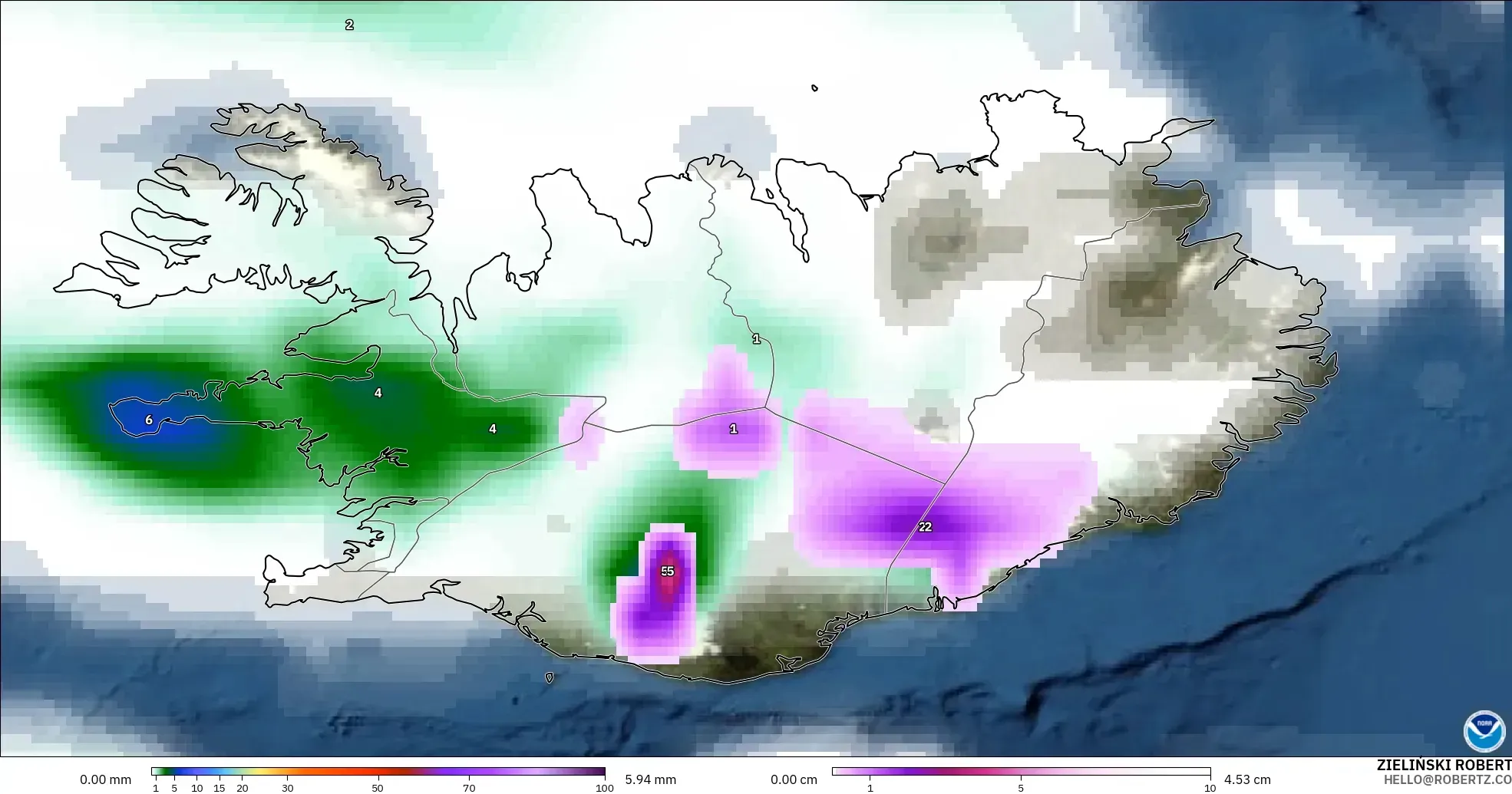 GFS modelo - Islandia, Precipitación, nubes y presión