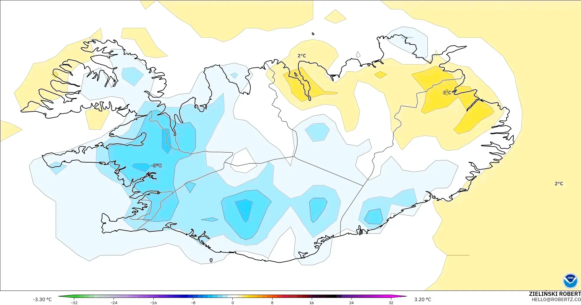 GFS modelo - Islandia, Anomalía de temperatura a 2 m