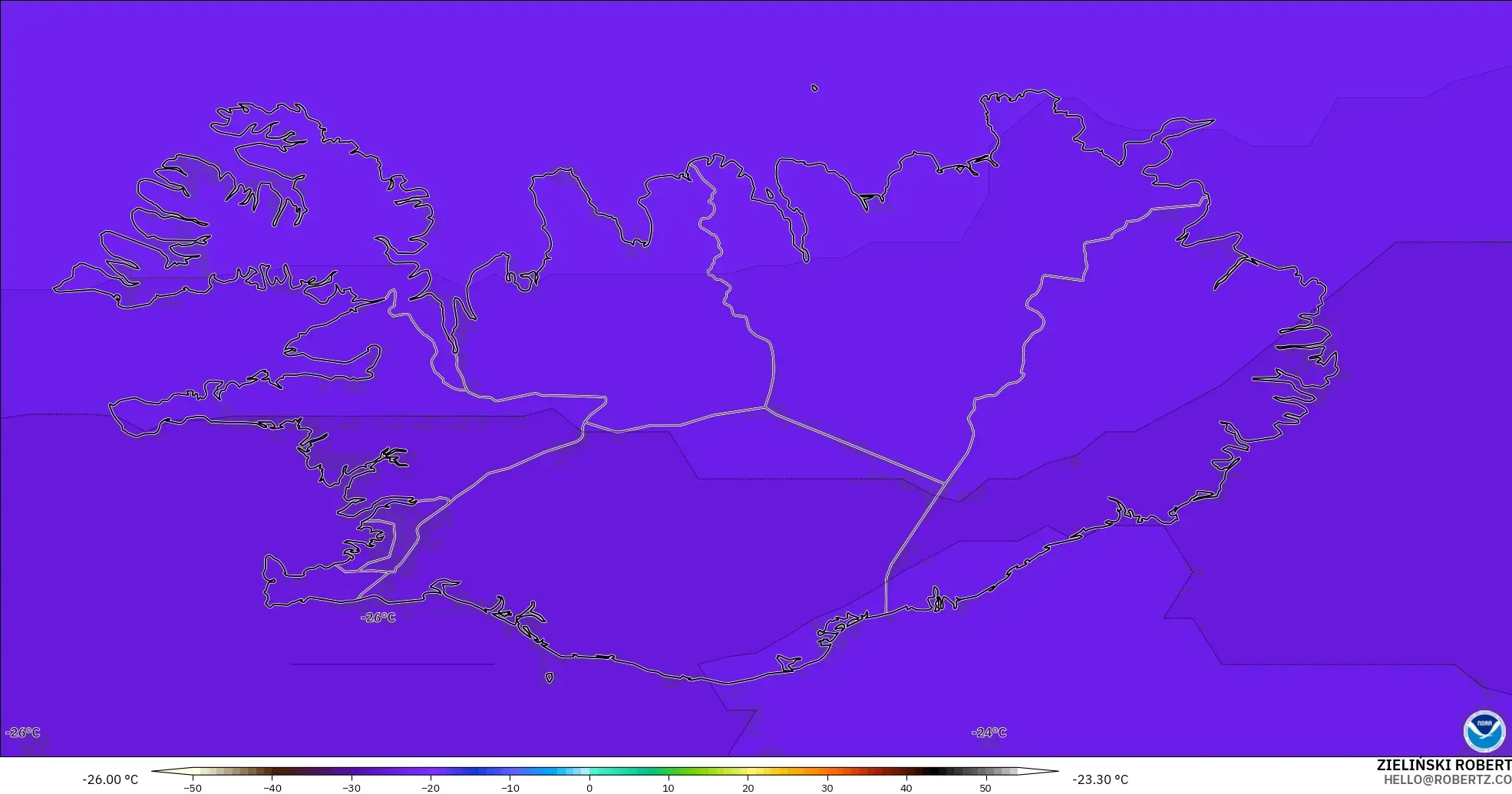 GFS modelo - Islandia, Temperatura a 500 hPa