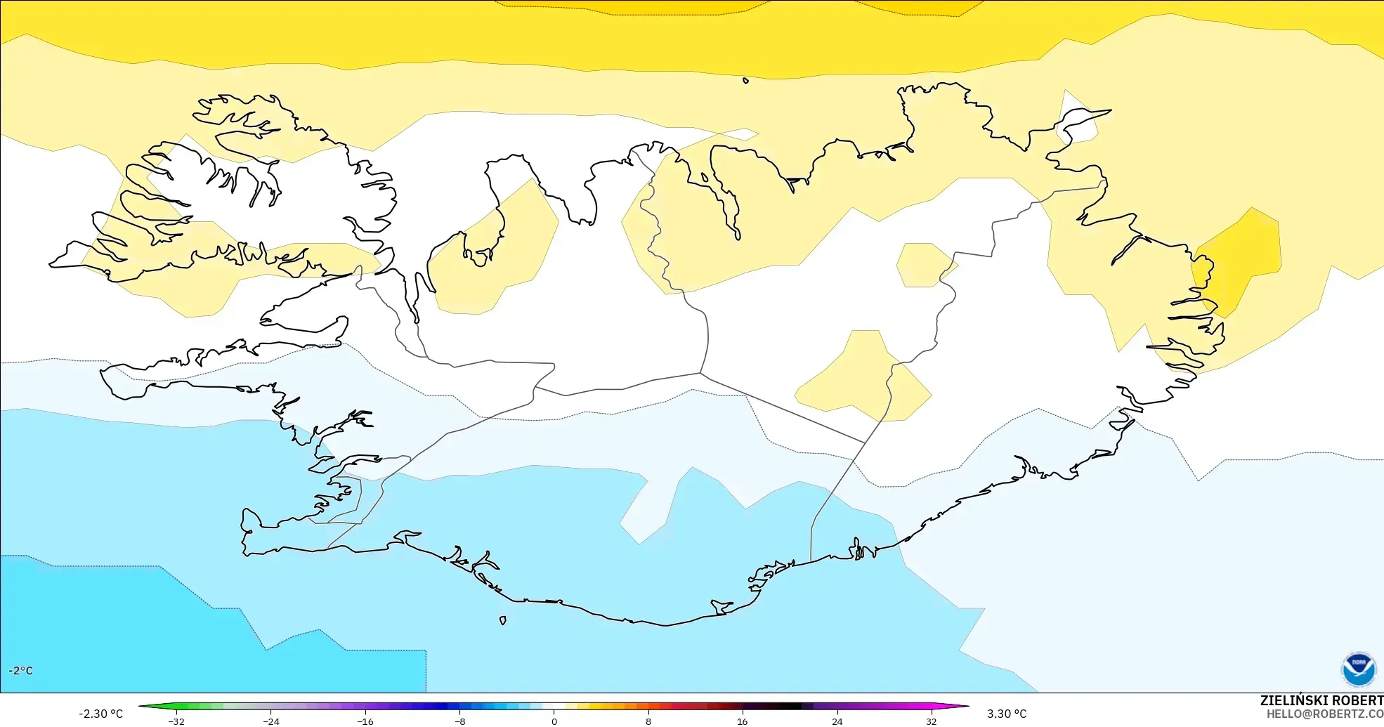 GFS modelo - Islandia, Anomalía de temperatura a 850 hPa