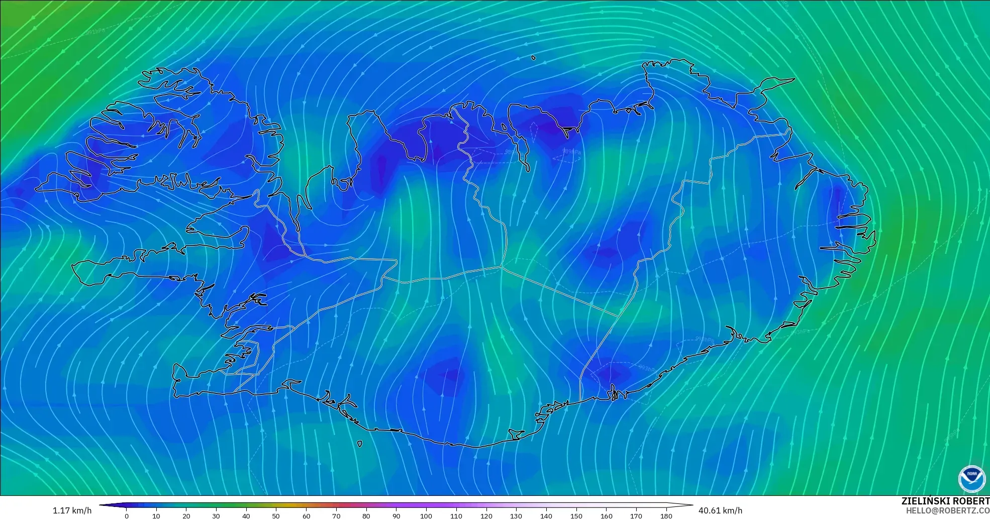 GFS modelo - Islandia, Viento a 10 m