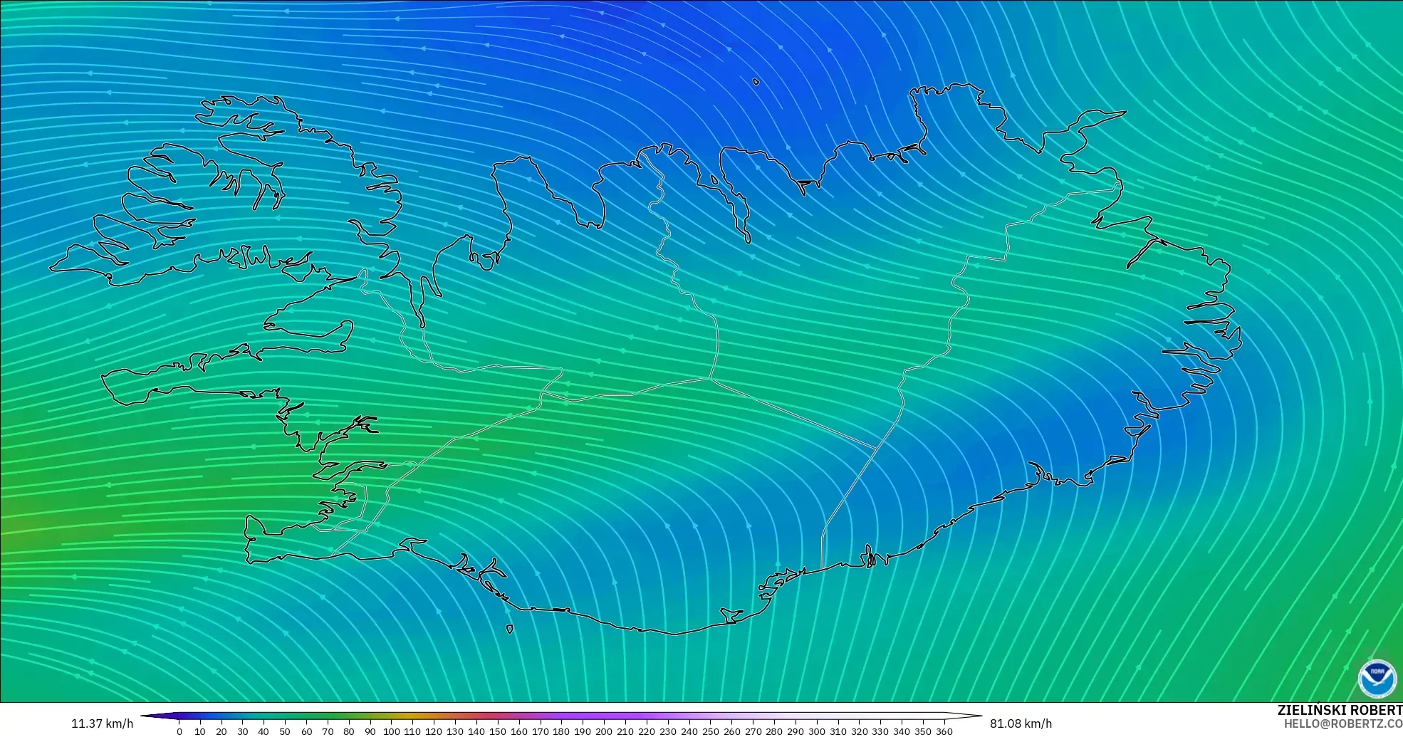 GFS modelo - Islandia, Viento a 300 hPa (corriente en chorro)