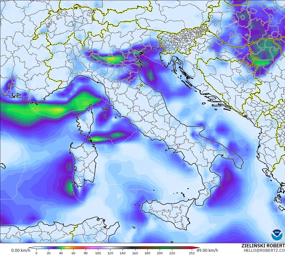 GFS modelo - Italia, Ráfagas de Viento Máximas