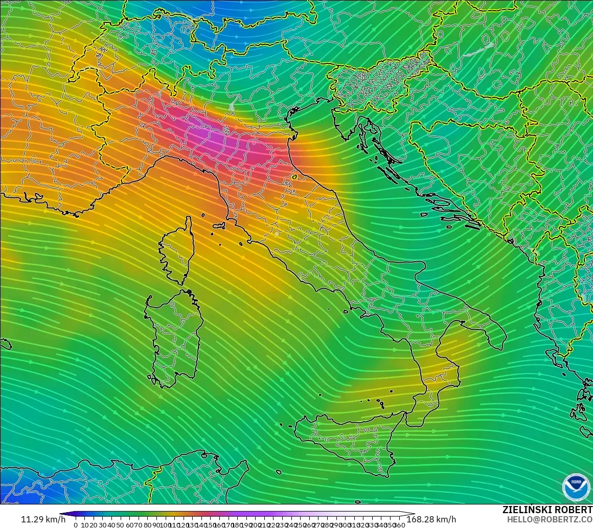 GFS modelo - Italia, Viento a 300 hPa (corriente en chorro)