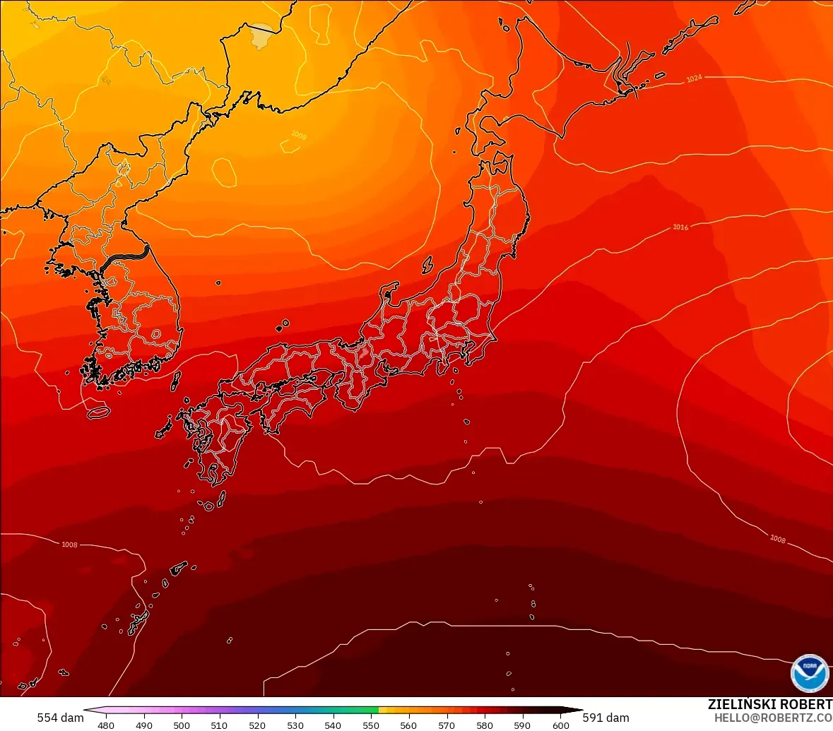 GFS modelo - Japón, Altura geopotencial a 500 hPa