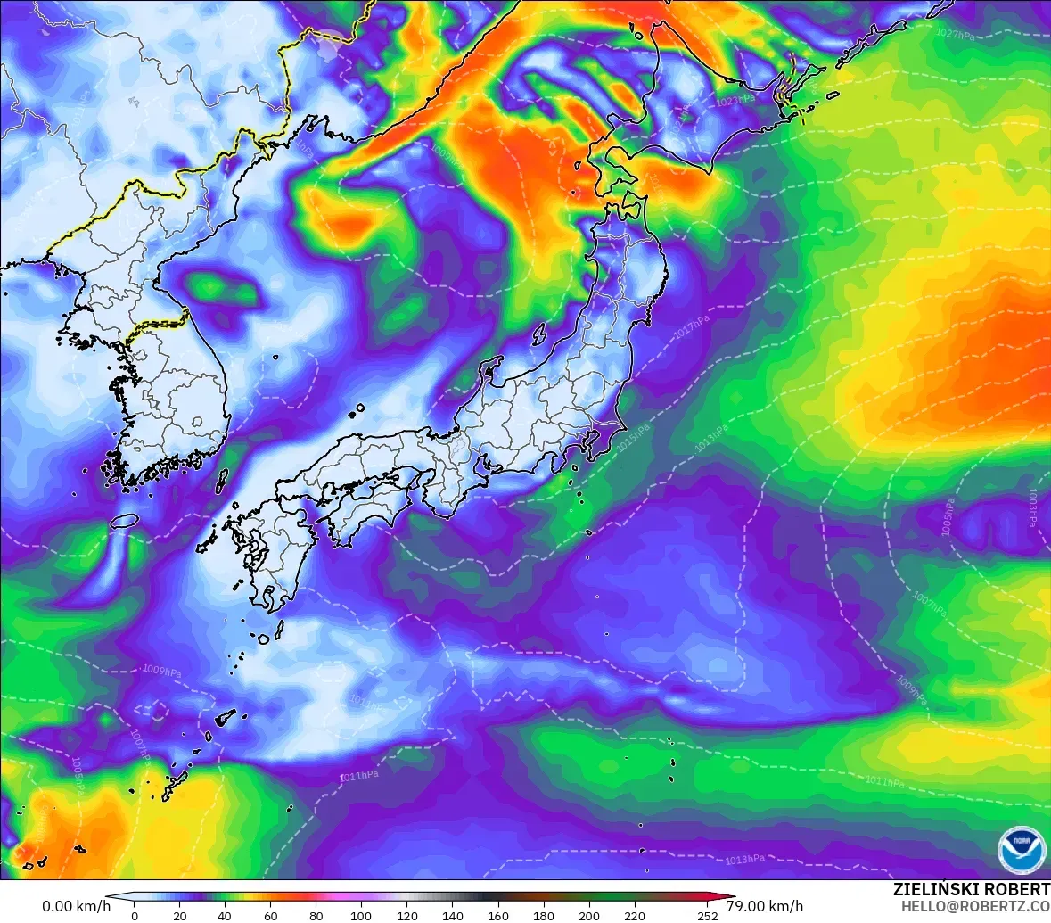 GFS modelo - Japón, Ráfagas de Viento Máximas