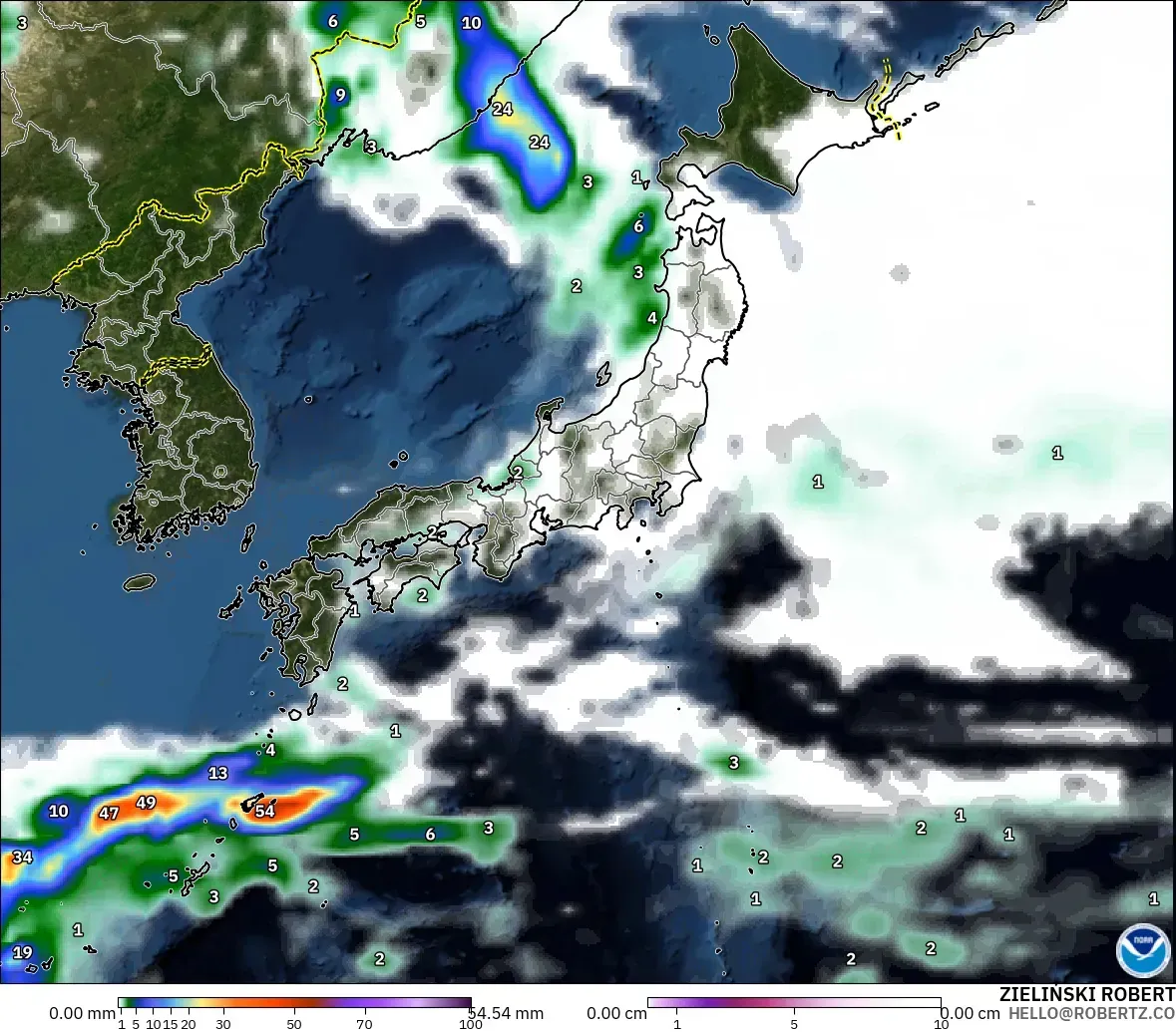 GFS modelo - Japón, Precipitación, nubes y presión