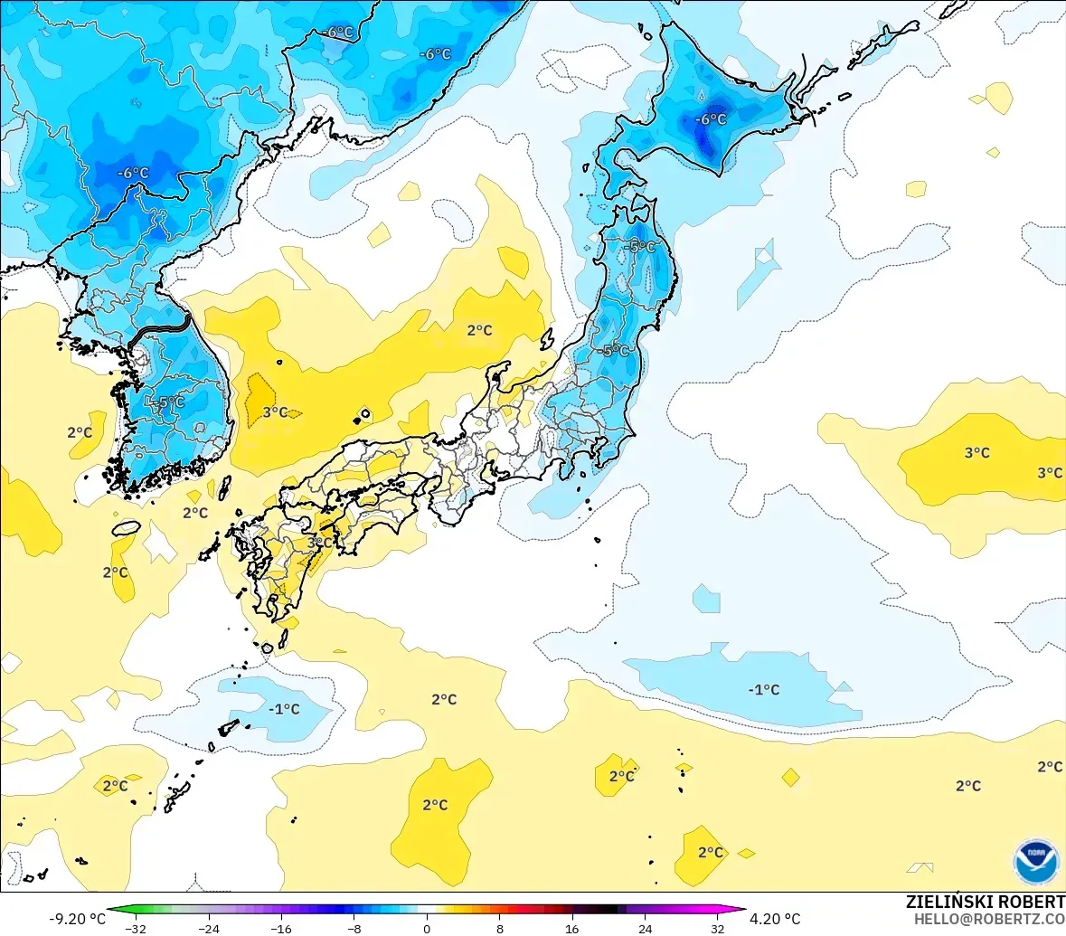 GFS modelo - Japón, Anomalía de temperatura a 2 m
