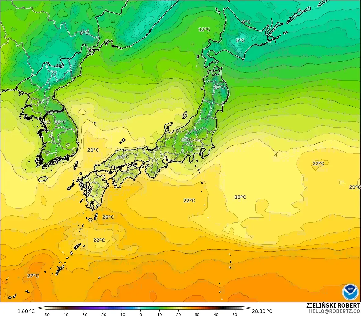 GFS modelo - Japón, Temperatura a 2 m
