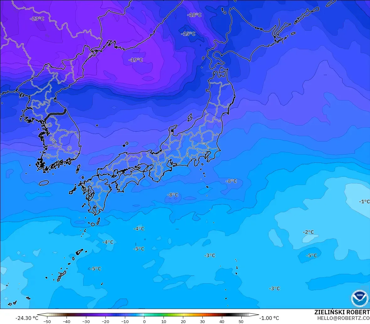 GFS modelo - Japón, Temperatura a 500 hPa