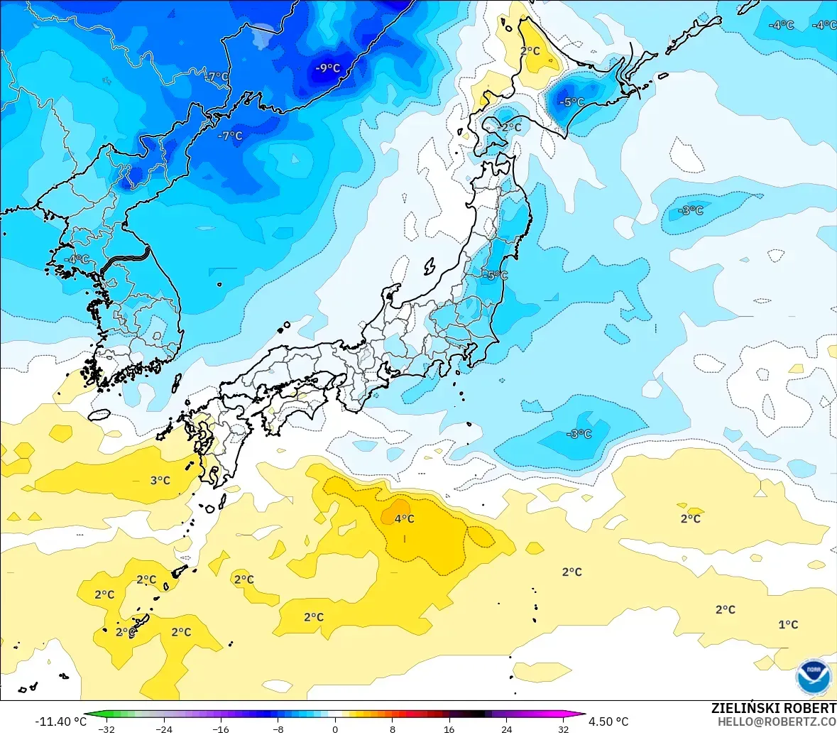 GFS modelo - Japón, Anomalía de temperatura a 850 hPa