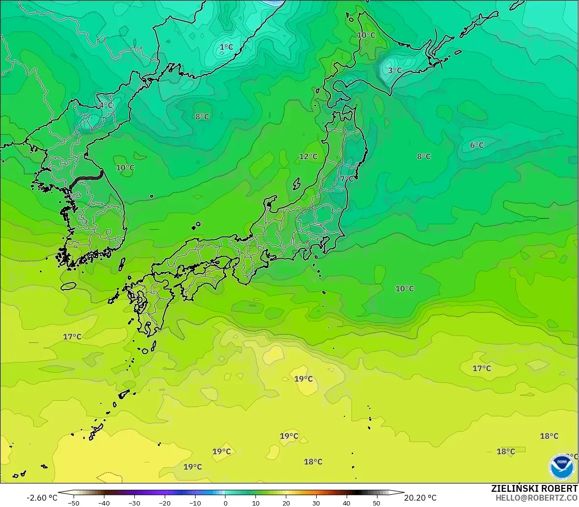 GFS modelo - Japón, Temperatura a 850 hPa