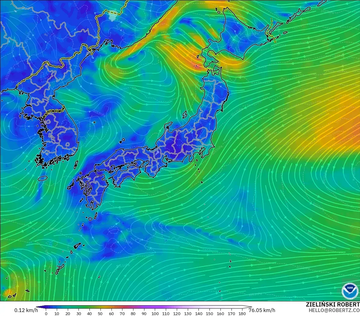 GFS modelo - Japón, Viento a 10 m