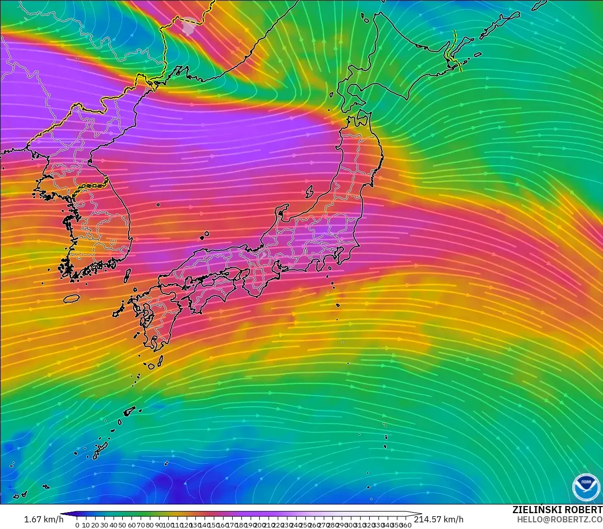 GFS modelo - Japón, Viento a 300 hPa (corriente en chorro)