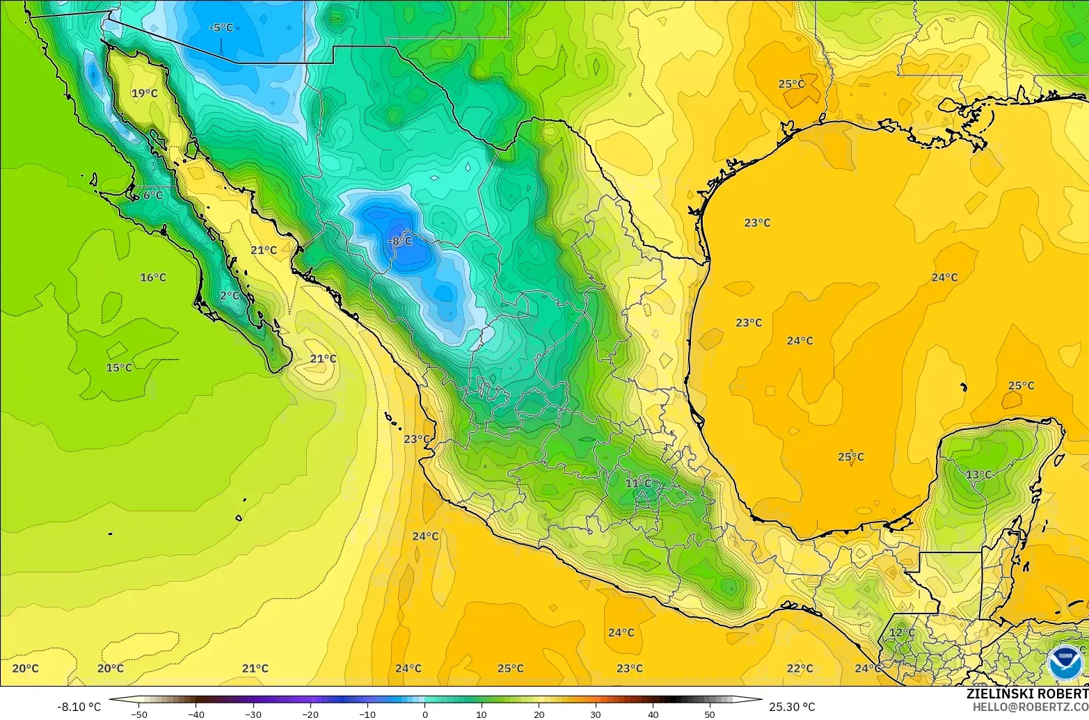 GFS modelo - México, Punto de rocío a 2 m