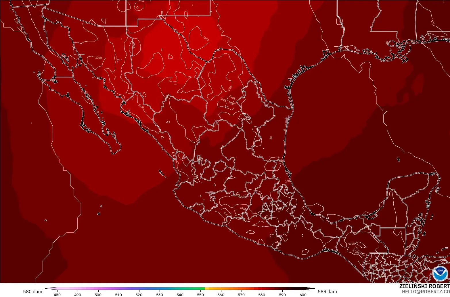 GFS modelo - México, Altura geopotencial a 500 hPa