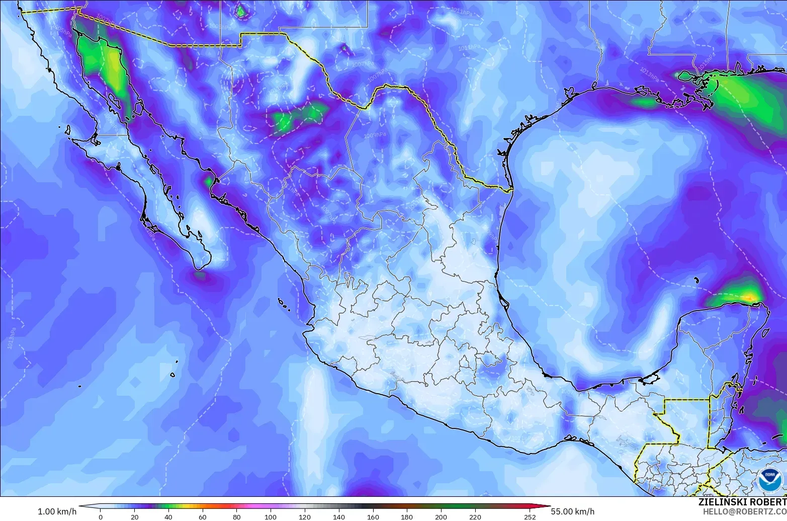 GFS modelo - México, Ráfagas de viento