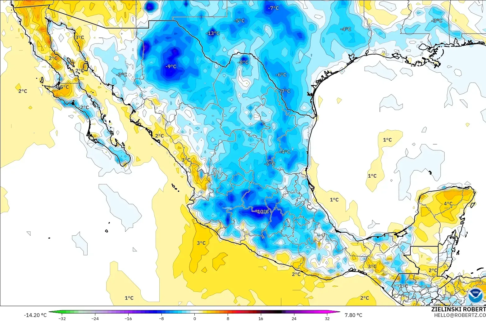 GFS modelo - México, Anomalía de temperatura a 2 m