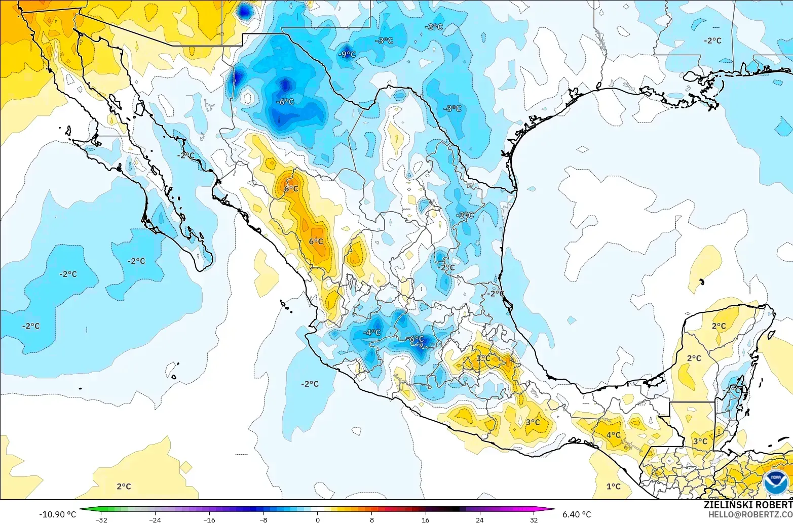 GFS modelo - México, Anomalía de temperatura a 850 hPa