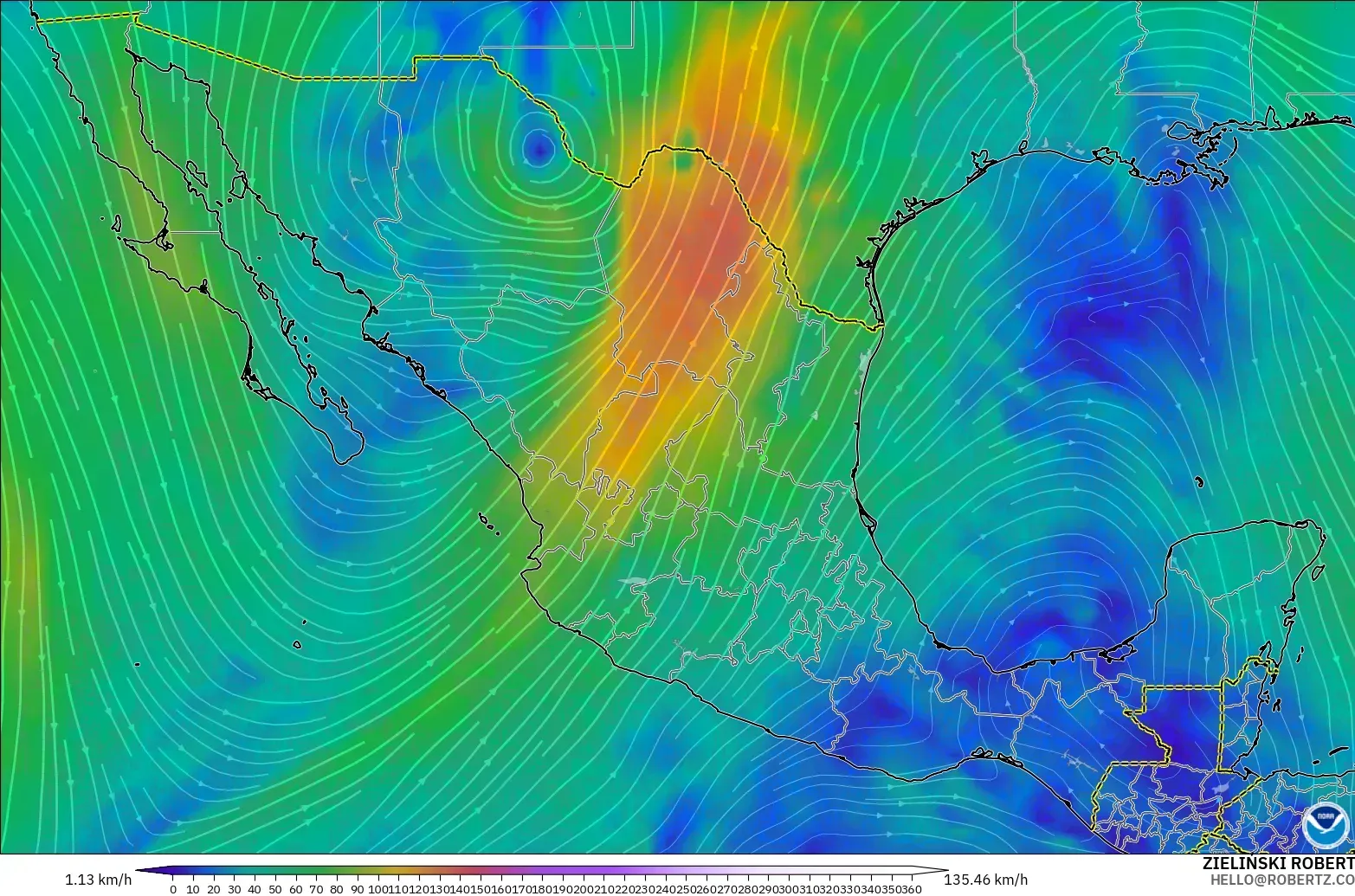 GFS modelo - México, Viento a 300 hPa (corriente en chorro)