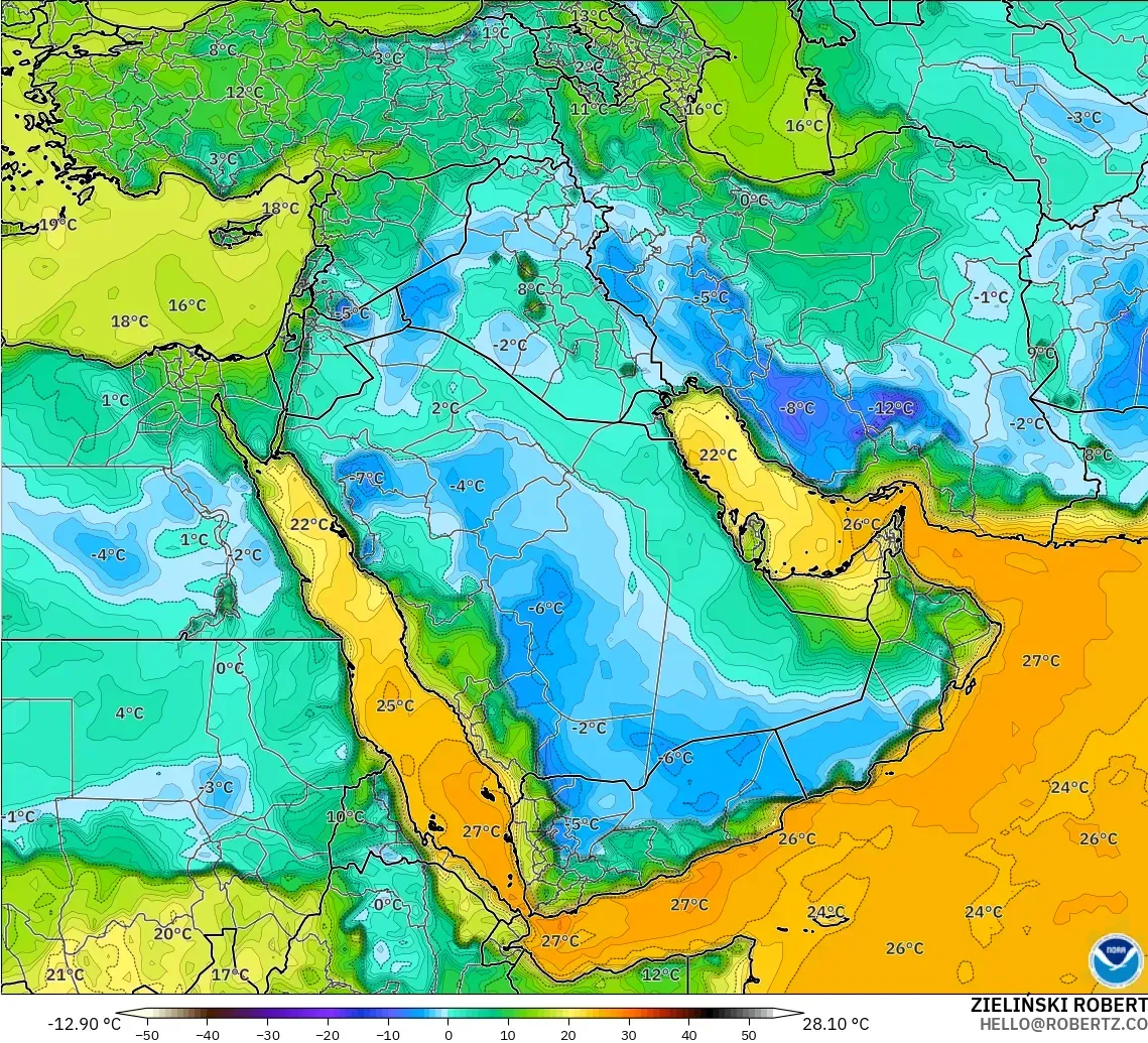 GFS modelo - Oriente Medio, Punto de rocío a 2 m