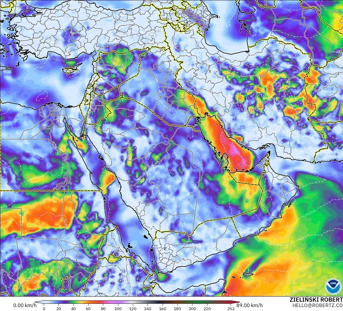 GFS modelo - Oriente Medio, Ráfagas de viento