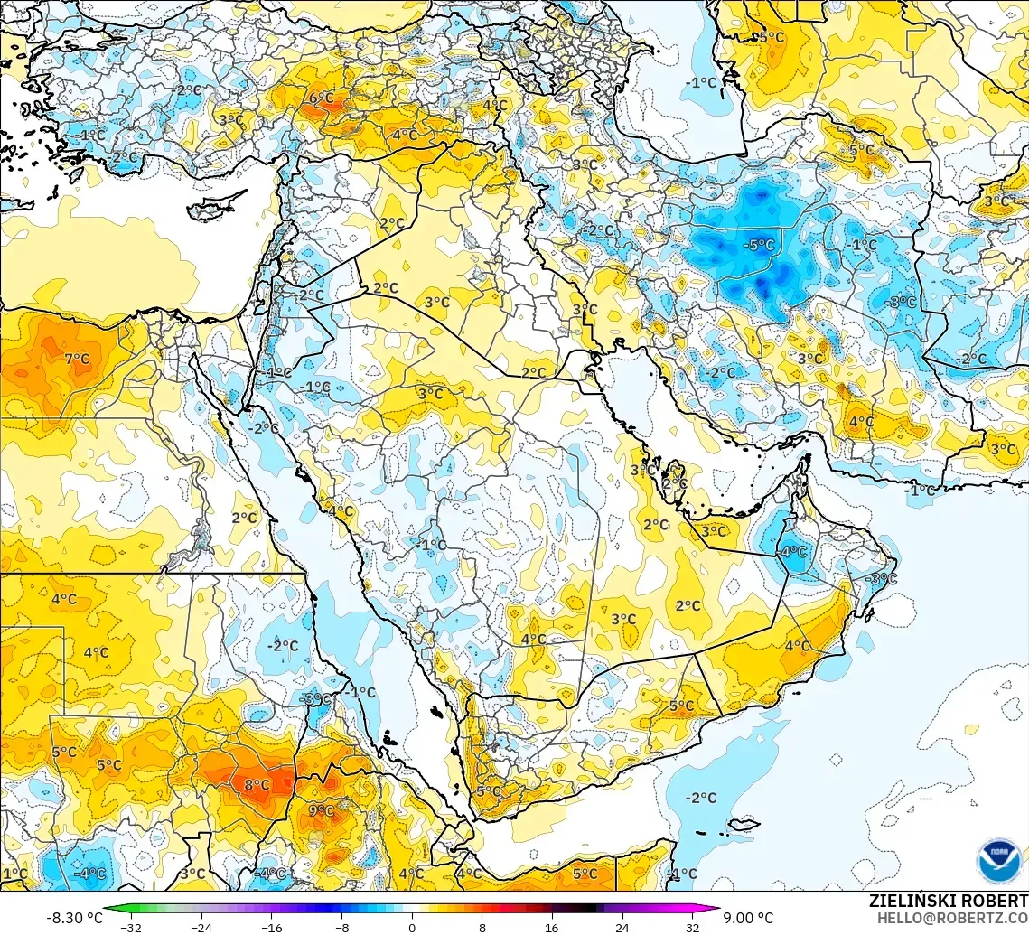 GFS modelo - Oriente Medio, Anomalía de temperatura a 2 m