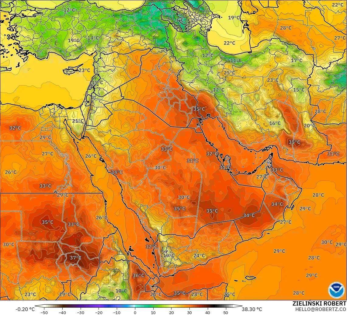 GFS modelo - Oriente Medio, Temperatura a 2 m