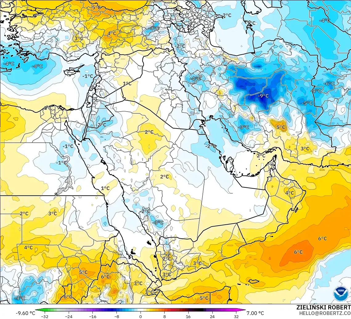 GFS modelo - Oriente Medio, Anomalía de temperatura a 850 hPa