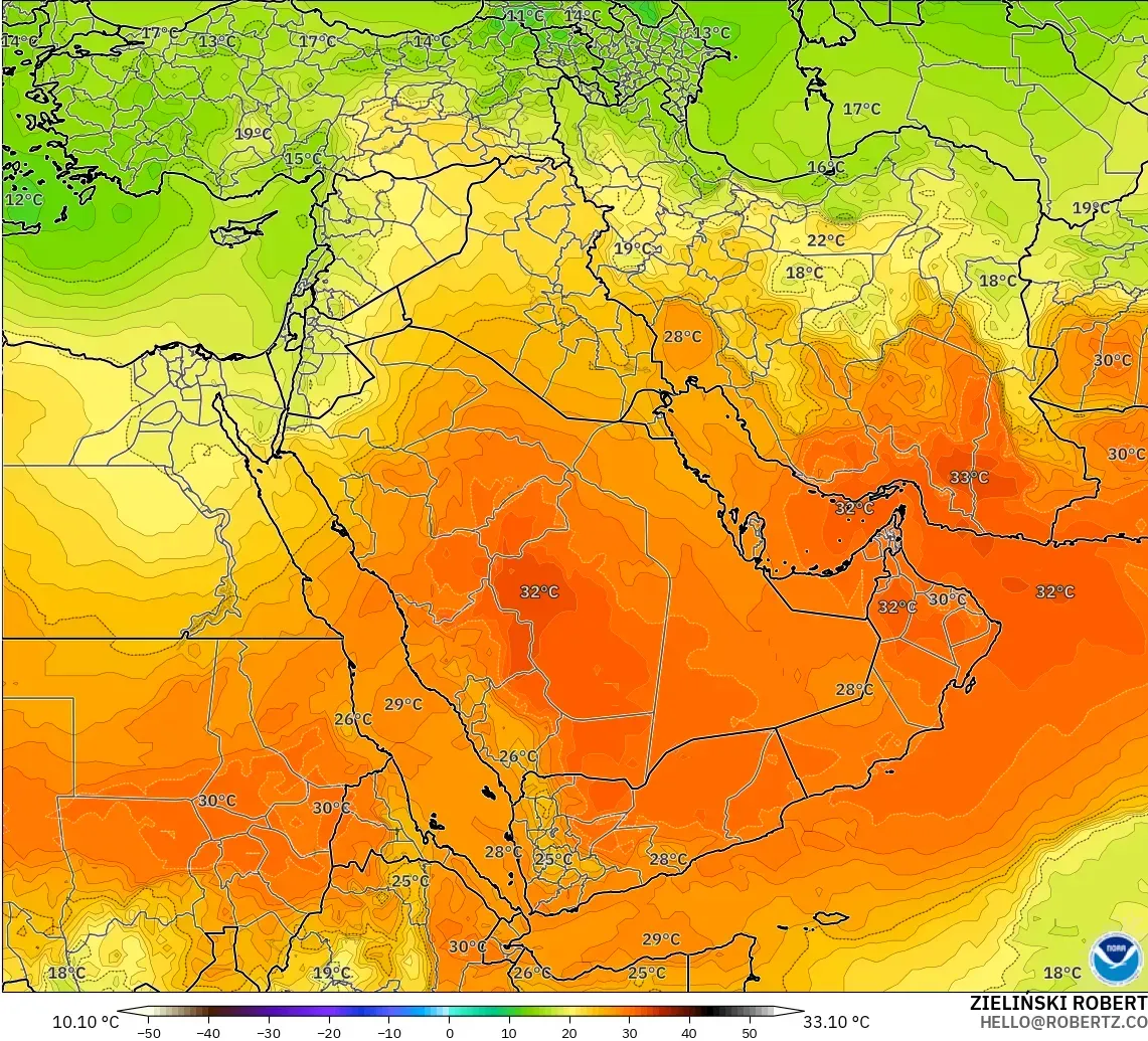 GFS modelo - Oriente Medio, Temperatura a 850 hPa