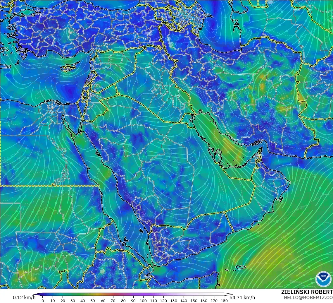 GFS modelo - Oriente Medio, Viento a 10 m