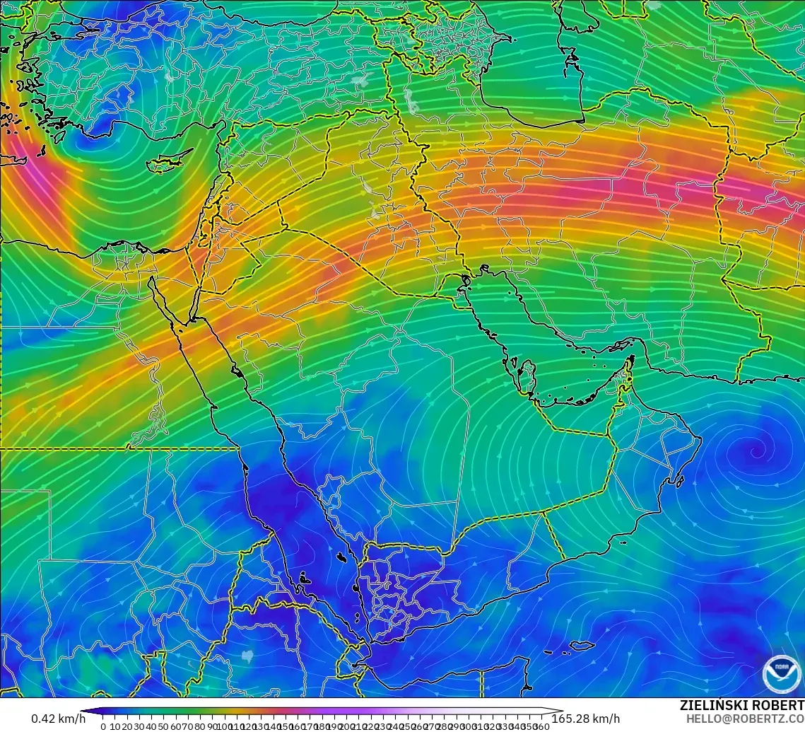 GFS modelo - Oriente Medio, Viento a 300 hPa (corriente en chorro)