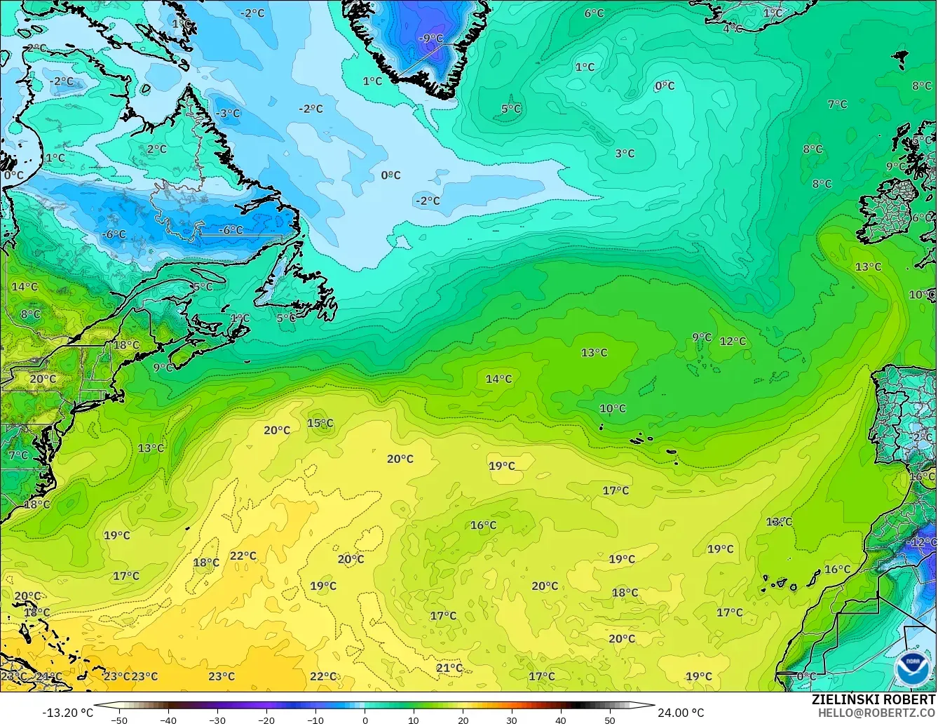 GFS modelo - Norte Atlántico, Punto de rocío a 2 m