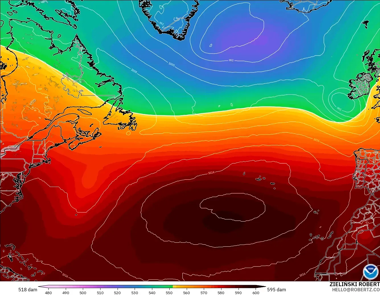 GFS modelo - Norte Atlántico, Altura geopotencial a 500 hPa
