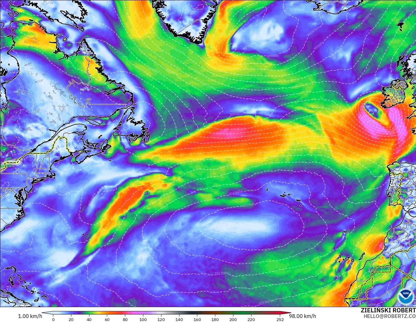 GFS modelo - Norte Atlántico, Ráfagas de viento