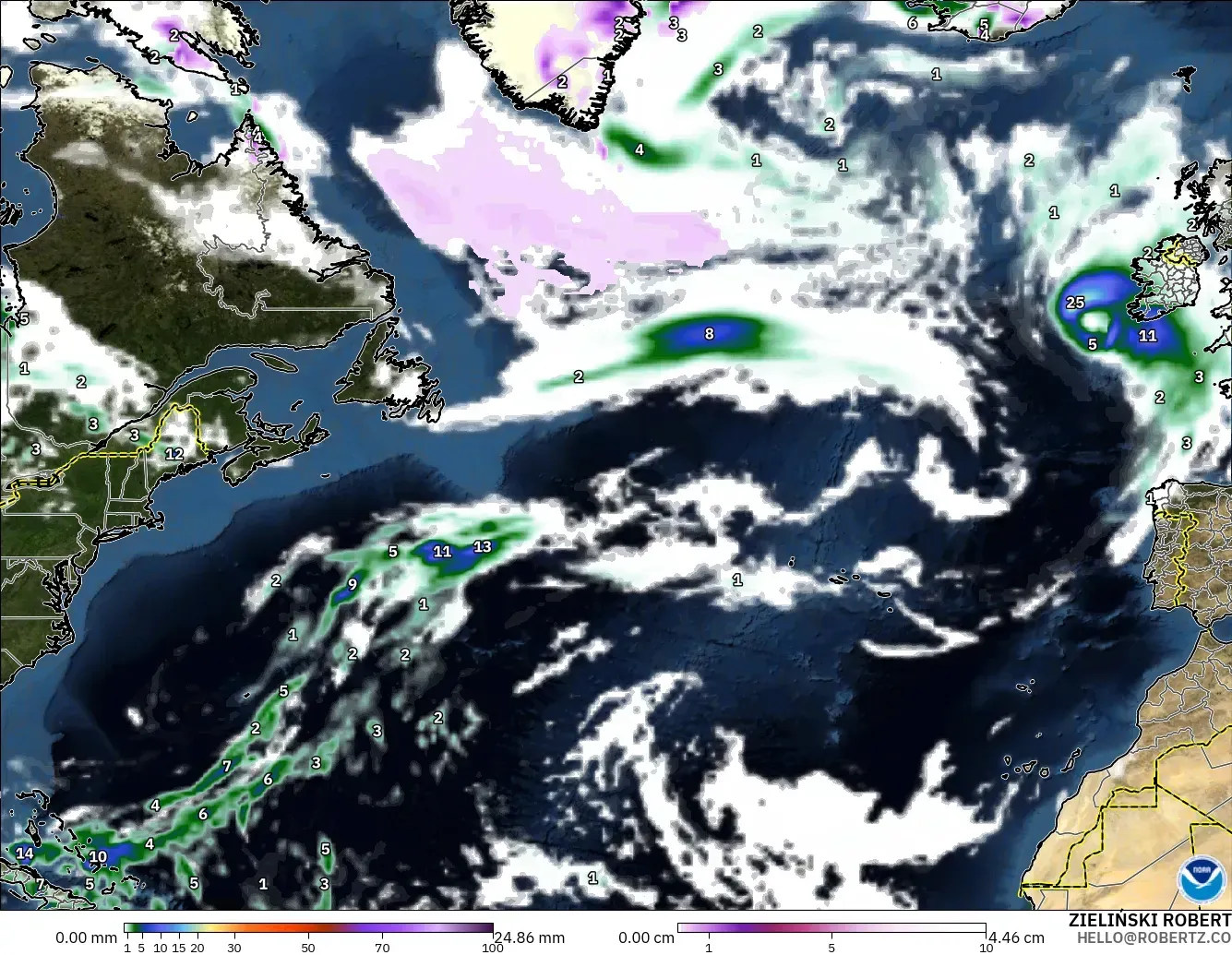 GFS modelo - Norte Atlántico, Precipitación, nubes y presión